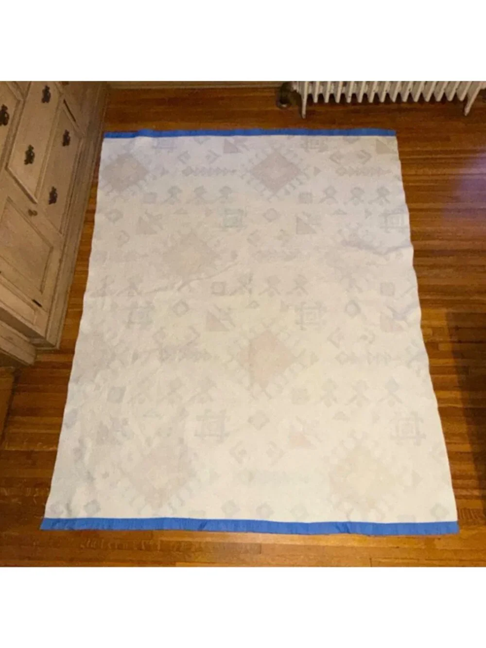 Vintage 1980s Southwestern Aztec Pressed Fleece Blanket with Blue Satin Trim